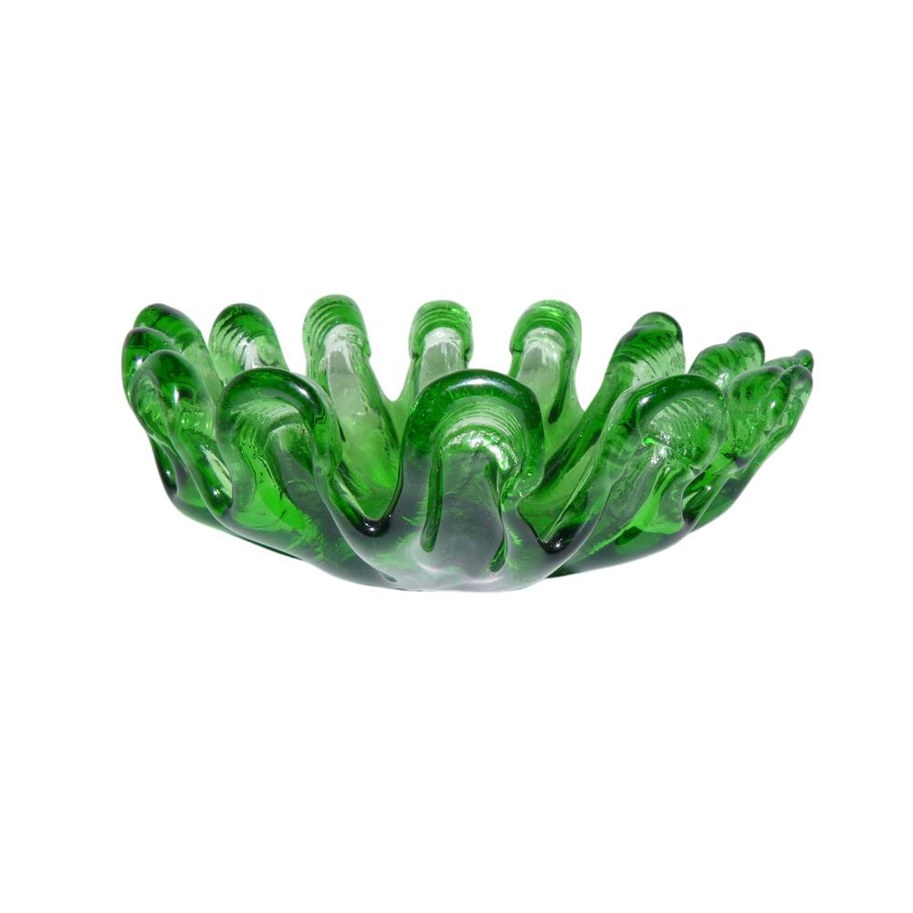 Vintage Green Hand Blown Art Glass Pulled Loop Bowl Murano Style MCM Centerpiece
